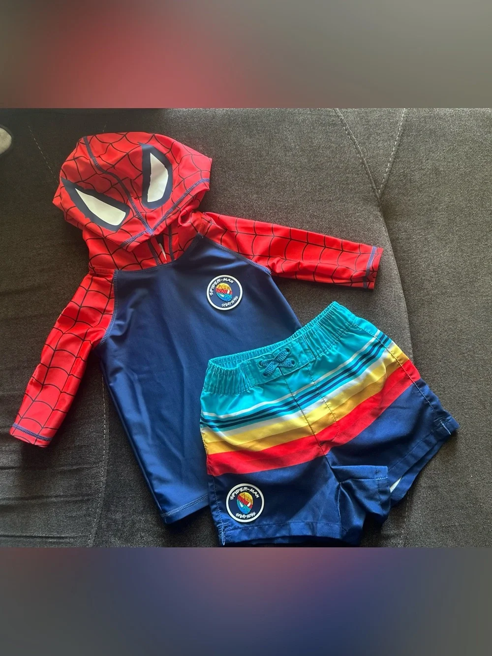 Disney Red & Navy Spider-Mask Hooded Rash Guard with Rainbow Stripe Swim Trunks